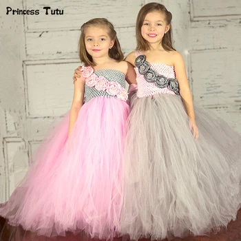 

Pink Grey Flower Princess Tutu Dress Girl Kids Pageant Birthday Party Ball Gown Dress Tulle Girls Wedding Flower Girl Dress 1-14