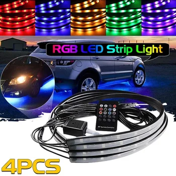 

4pcs Car Underglow Flexible Strip LED Remote Control RGB Decorative Atmosphere Lamp Under Tube Underbody System Neon Light Kit