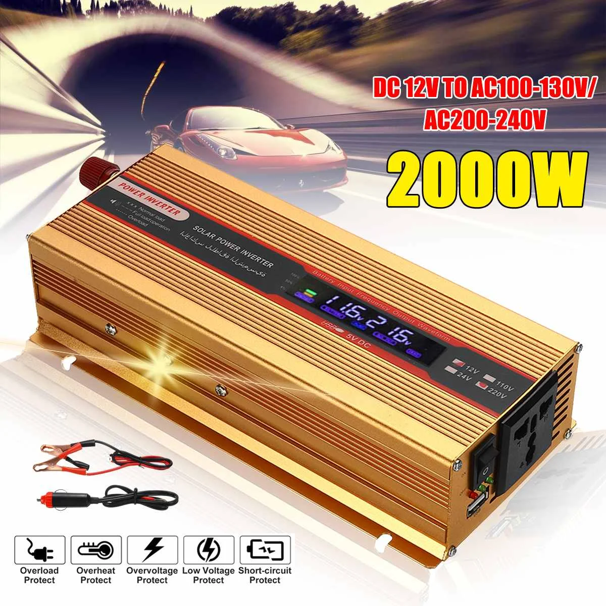 

2000W Gold/Pink Modified Sine Wave Power Inverter DC 12V to AC100-130V/ AC200-240V Converter For Car Vehicle Power Supply