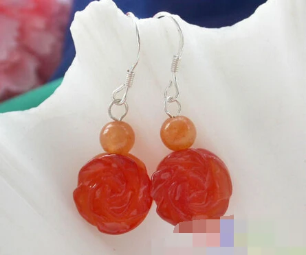 

1516 nature red agate Hand-carved flower dangle earring