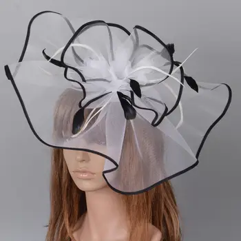 

White Black Women Church Kentucky Derby Party Mesh Feather Headpieces Large British Tea Party Wedding Fascinator Hat Hair Clip