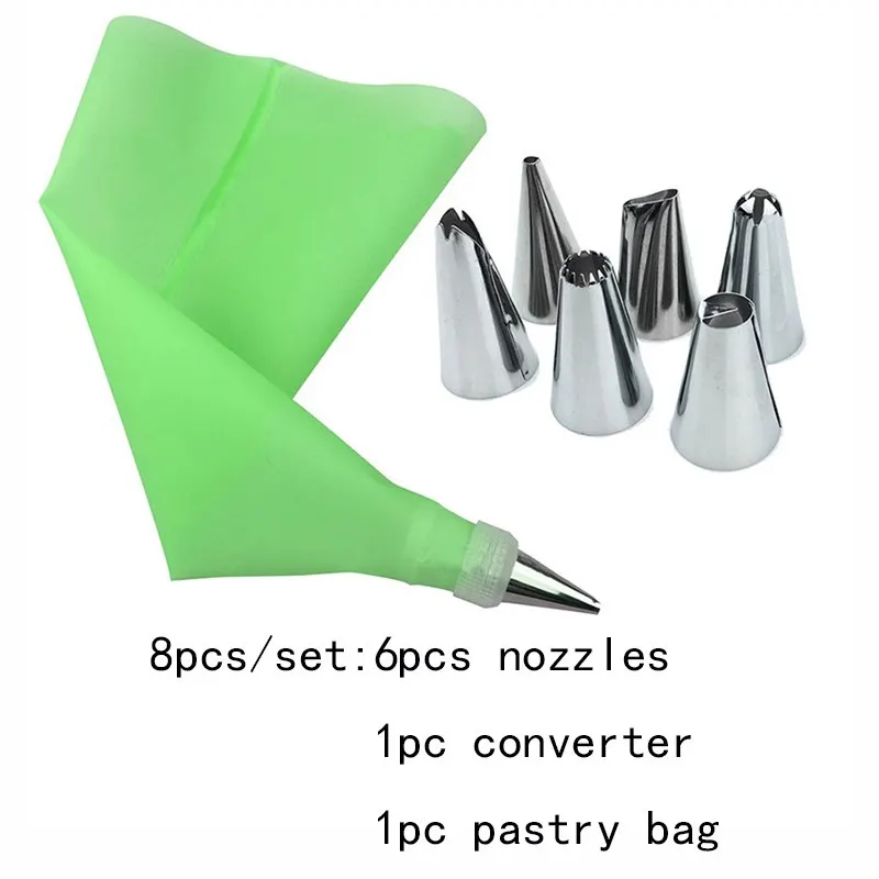 8 PCs Silicone Icing Piping Cream Pastry Bag+6 Stainless Steel Kitchen Dessert Cake Decorating Tools Nozzle DIY Tips Set - Цвет: 8pcs green