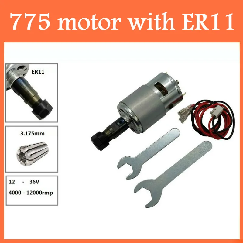 

775 DC Motor 12-36V 4000-12000 RPM Engraving Machine Spindle Motor with ER11 Extension Rod for 1610/2417/3018 CNC Router Machine