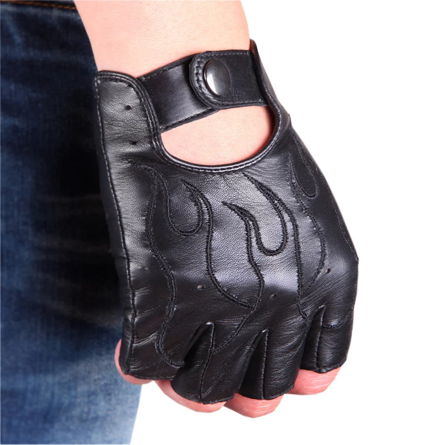 High Quality Leather Half Finger Gloves For Men Cool Flame Pattern Embroidery Driving Half