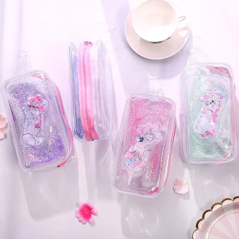 

Kawaii Cat Claw Pencil Case Quicksand Oil PVC Transparent Pencil Box Pencilcase Zipper Bag School Supplies Stationery