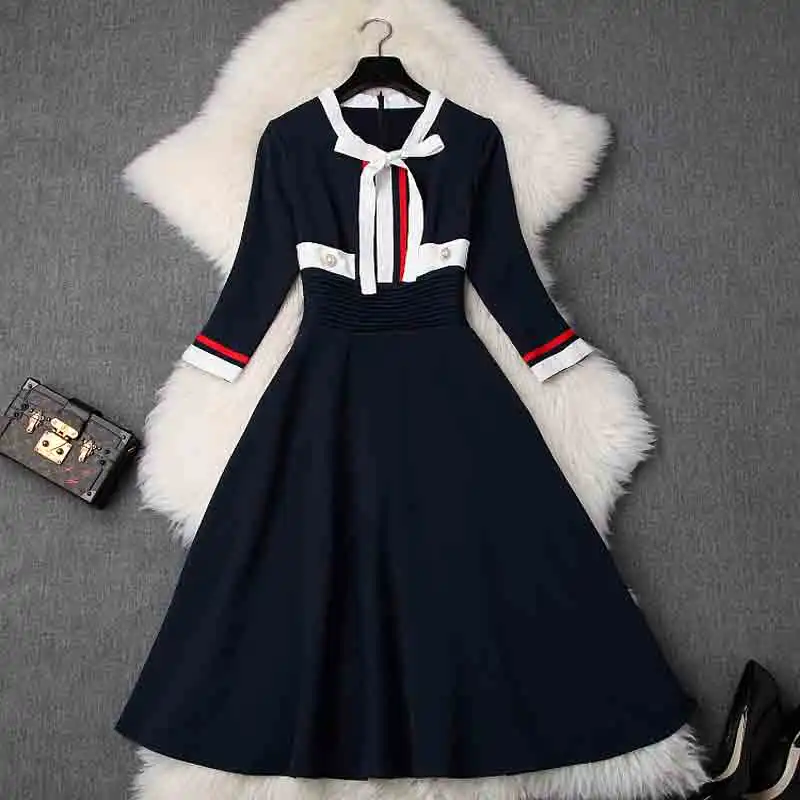 

Preppy Style elegant dress A Line 2019 new Superior quality Slim Bow dresses Spring women ladies office Empire Knee Length Dress
