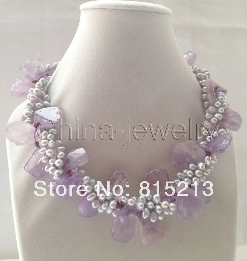 

FREE SHIPPING>>>@@ > N1193 4row 8-18mm gray baroque rice freshwater pearl + amethyst necklace