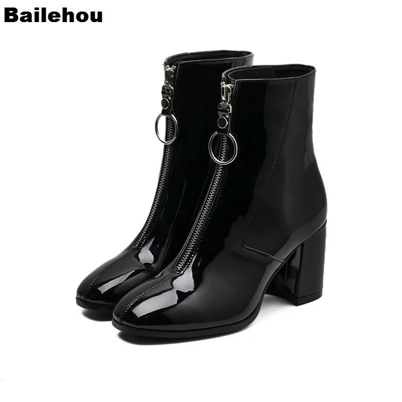 

Bailehou Autumn Winter Women ankle Boots Middle Heel Patent Leather Female Black Front Zipper Versatile Martin Boot Office Dress