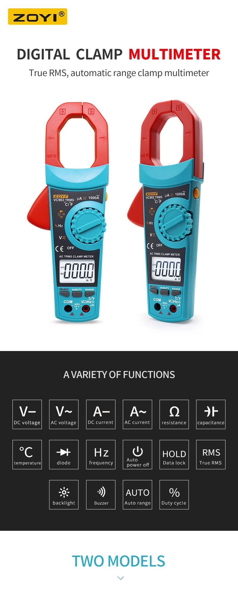 VC903 VC902 True RMS Цифровой токоизмерительный клещи Ток переменного / постоянного тока Автоматический диапазон Сопротивление емкости Высокоточный мультиметр