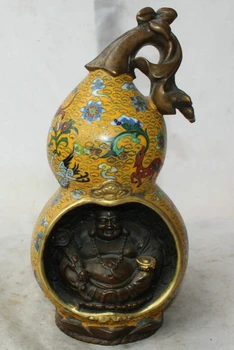 

USPS to USA S2343 13" Chinese Cloisonne Bronze Gild Happy Laugh Maitreya Buddha Statue calabash
