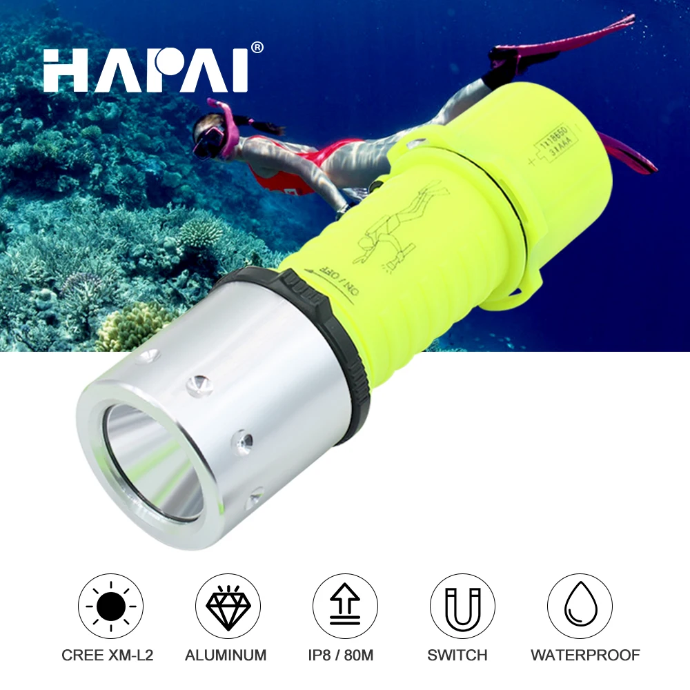 

Scuba diving flashlight Cree XM-L2 Magnetic switch Rechargeable underwater led torch flashlight for diving 3*AAA/1*18650 battery