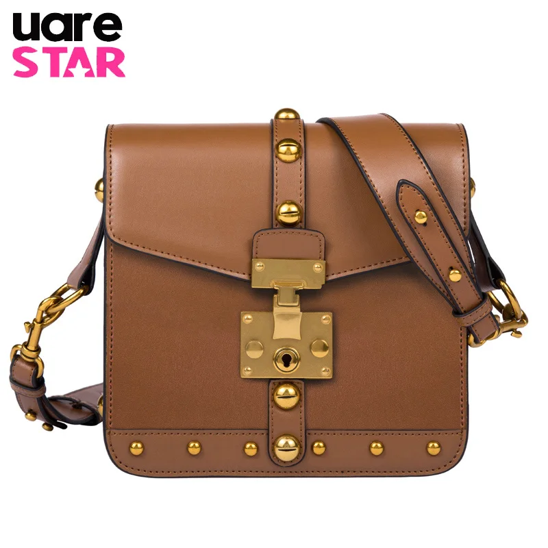 

2018 Fashion Cool Rivet Crossbody Bags for Lady Leather Shoulder Messenger Bags for Women Genuine Leather Women's Shoulder Bag