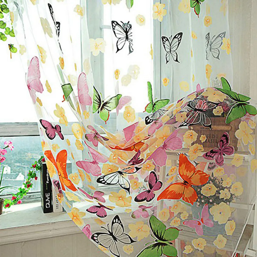 2017 European style Curtain Beautiful Butterfly Print Sheer Curtain Panel Window Balcony Tulle