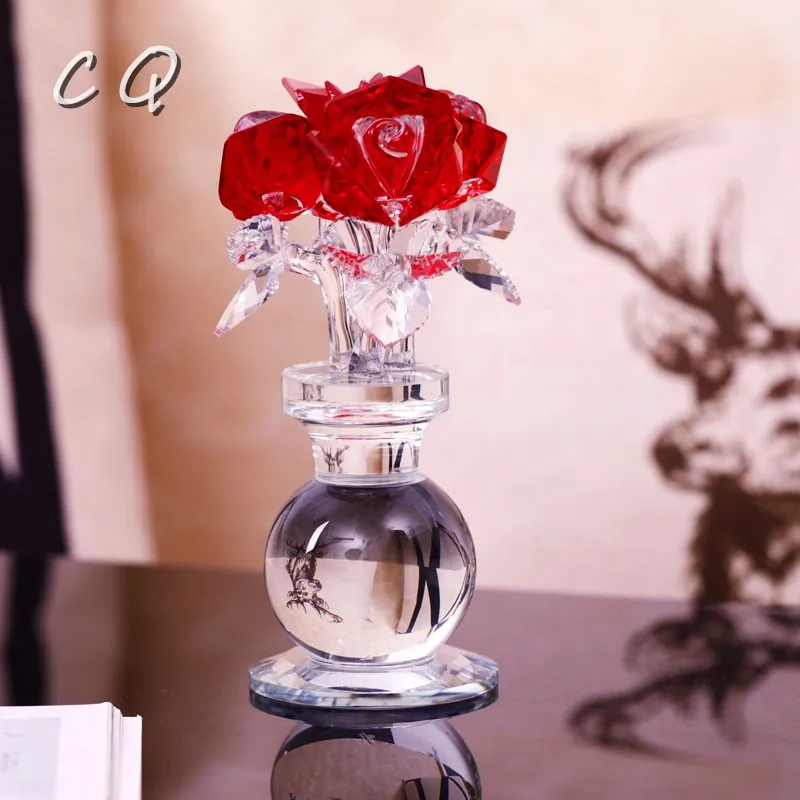 

Exquisite Beautiful Crystal Rose Figurines & Miniature Glass Paperweight Unfading Bouquet Sculpture Ornament Wedding Decor