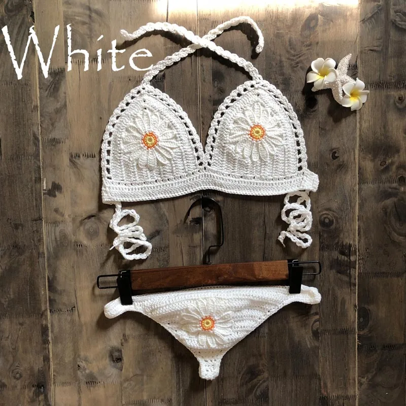 New Fashion Beach Bikini Set Knitting Swimsuit Crochet Bohemia Style Off Shoulder Bathing Handmade Sexy Bikini - Цвет: white