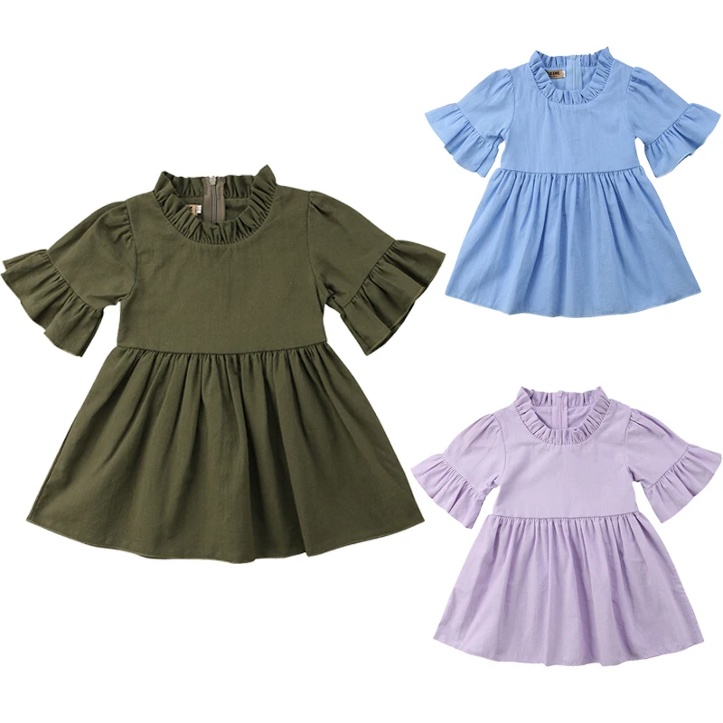 Toddler Kids Girl Clothes Summer Ruffles Solid Color Cotton A-line Dress Princess Baby Party Dresses Sundress | Детская одежда и