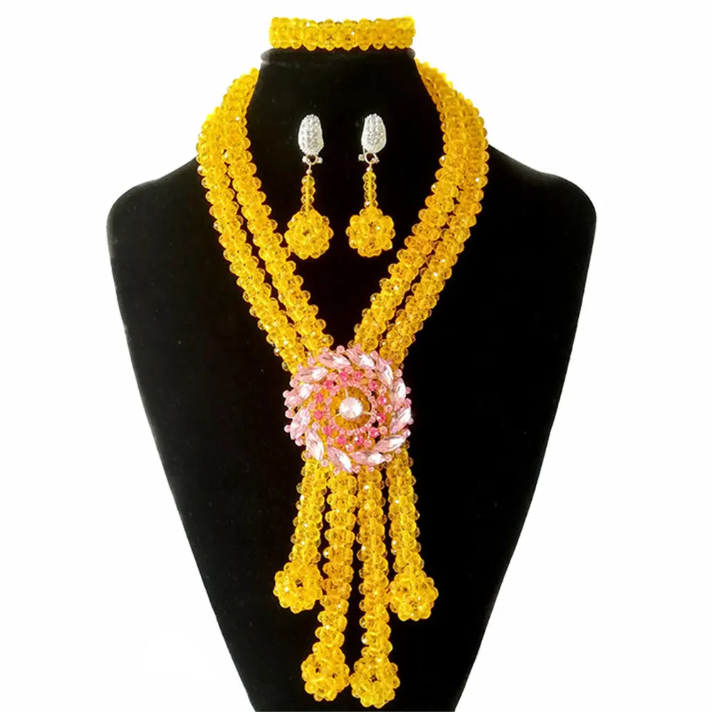

Brand Handmade Yellow Crystal African Wedding Beads Jewelry Set For Women Nigerian Bridal Costume Beaded Necklace Set