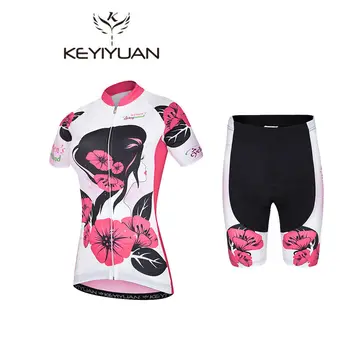 

2018 KEYIYUAN Womens Ropa Ciclismo Flower Cycling Girls Bicycle Bike Shirt Outdoor Sports Short Sleeve Jersey Shorts Sets