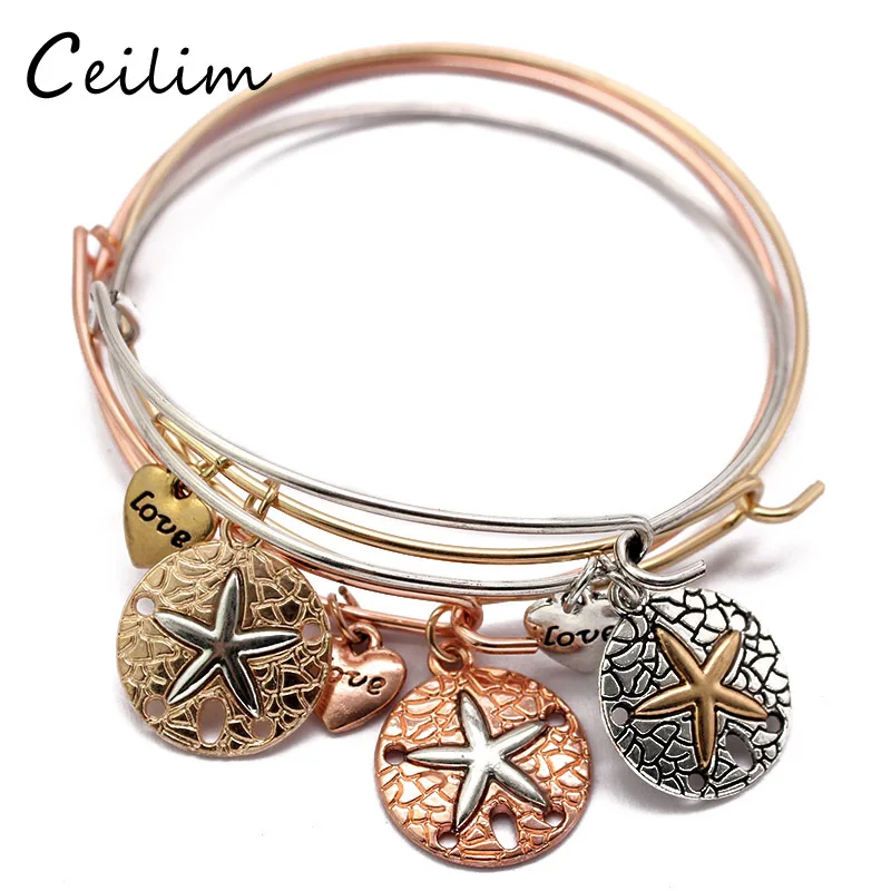 

Starfish Cross Pendant Expandable Wire Bangles Bracelet for Women Girls Love Heart Charm DIY Adjustable Jewelry Pulseras Gift