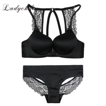 Ladychili Для женщин Нижнее бельё черный бесшовный бюстгальтер и Трусики для женщин комплект Sexy Глубокий V спереди Синтетическое закрытие волос бюстгальтер набор белья сзади Кружево ремень комплект N302