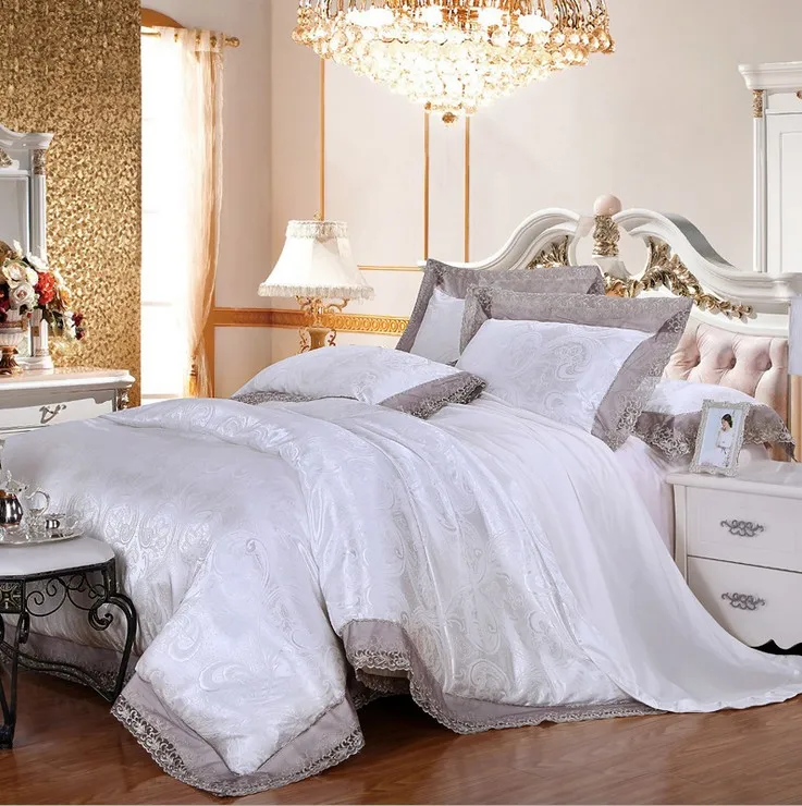 

lace jacquard luxury White palace Modal tencel wedding princess bedlinen 4pcs comforter/duvet cover bedding set bed sheet