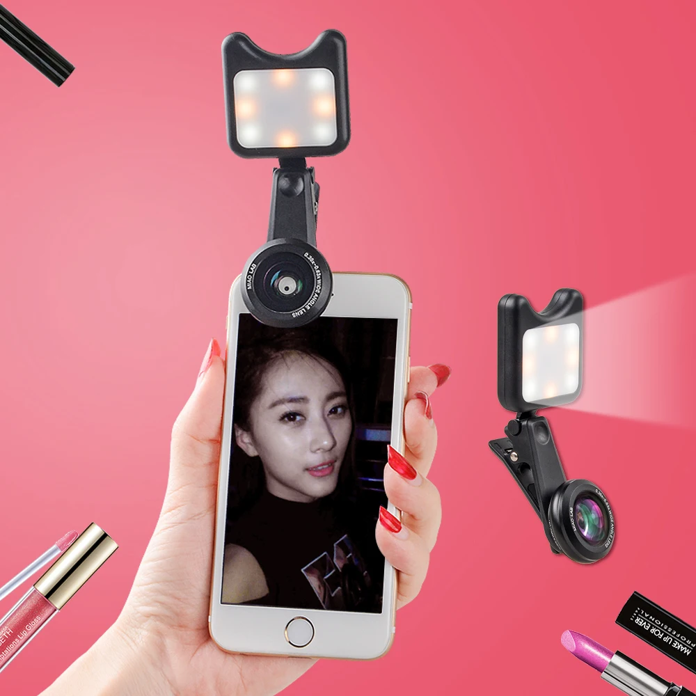 

APEXEL 3 in 1 phone camera lens wide macro lens + Led Fill light Lens Selfie Lentes for iPhone Lens for android ios smartphone