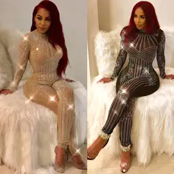 Горный хрусталь See Through сетки Вечерние Bodycon комбинезон Club Sequined комбинезон Для женщин с длинным рукавом узкие брюки комбинезоны