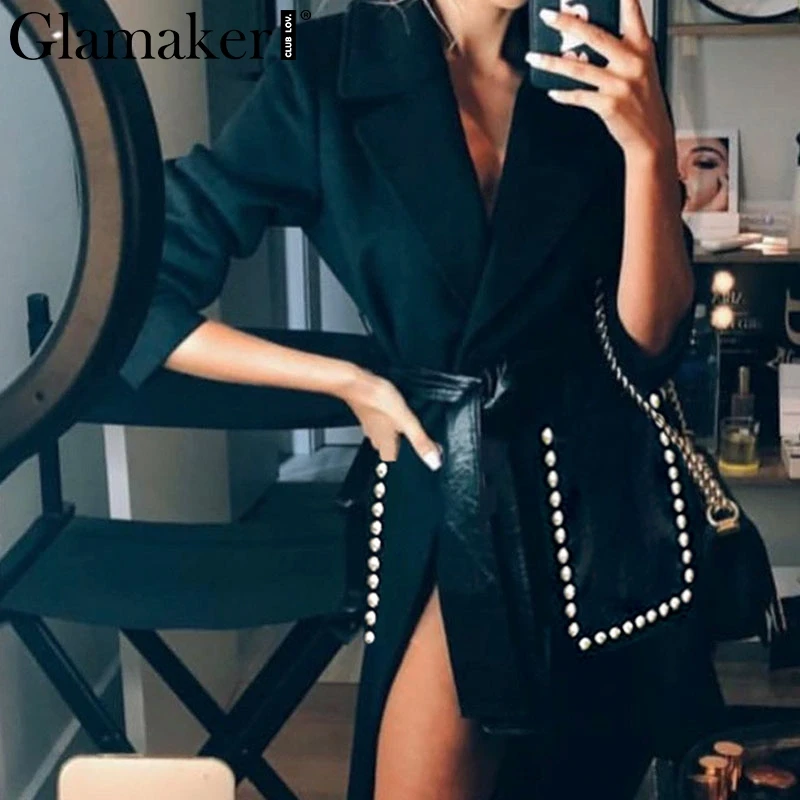 Женский шерстяной Тренч Glamaker черный пикантный из искусственной кожи с