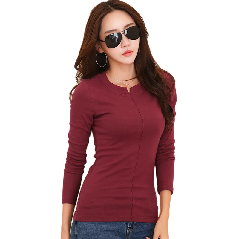 

2017 New Autumn Winter T Shirts Womens Fashion Tee Tops Long Sleeve O Neck Cotton T-Shirt Red White Black Khaki Women tshits 30