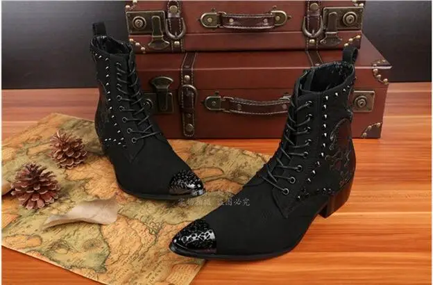 Черные дизайнерские мужские Ботильоны из натуральной кожи; модные ботинки с металлическим носком и черепом; Туфли-оксфорды с острым носком