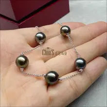 AAA 8-9 мм круглый настоящий с Таити черный зеленый жемчуг браслет 18 K твердого белого золота