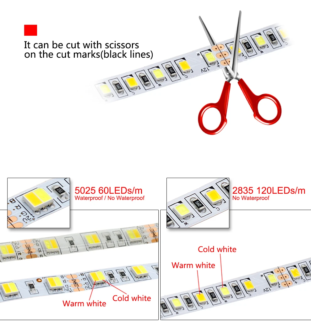 Двойной Цвет Светодиодные ленты 5025/2835 DC12V гибкий светодиодный свет теплый белый + холодный белый двойной Цвет 5050 Светодиодные ленты