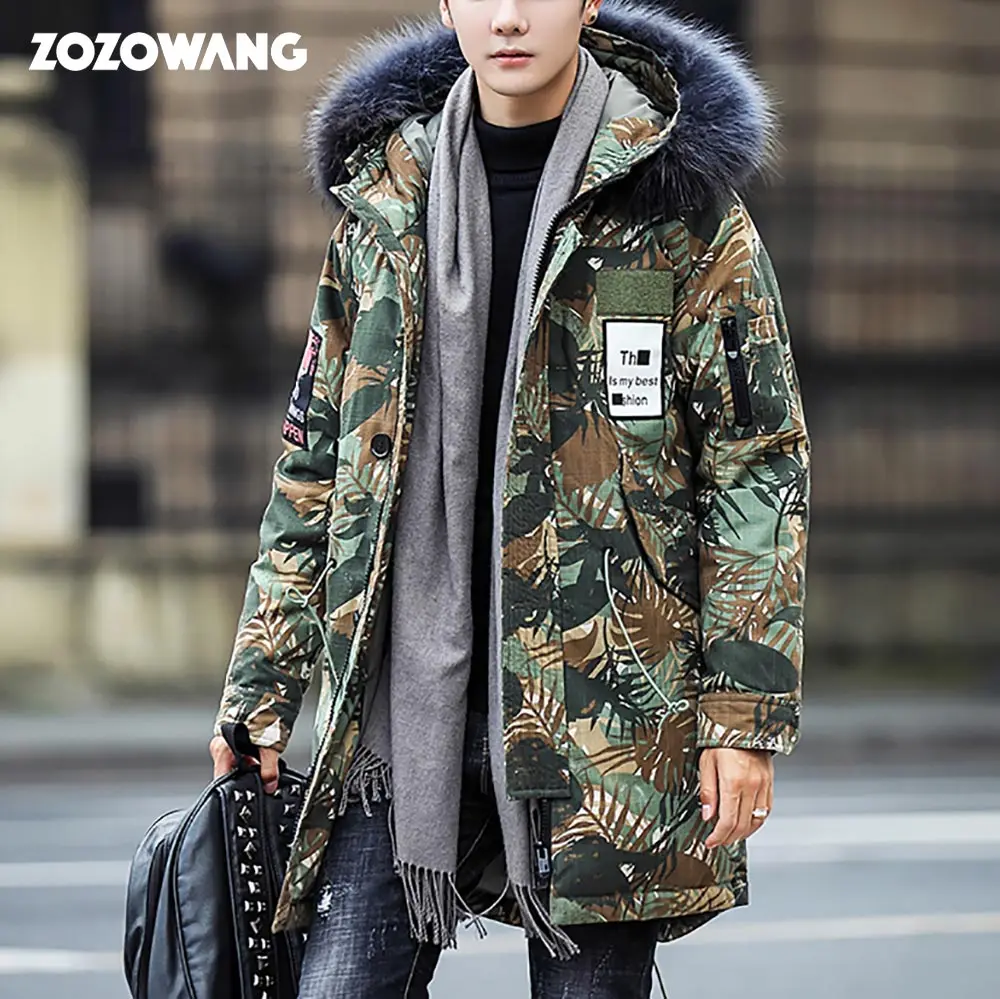 

2019 Casual Winter down Jacket Men High Quality Fur Collar Thick Warm white duck down Parka Men Long Coat Camouflage Windproof