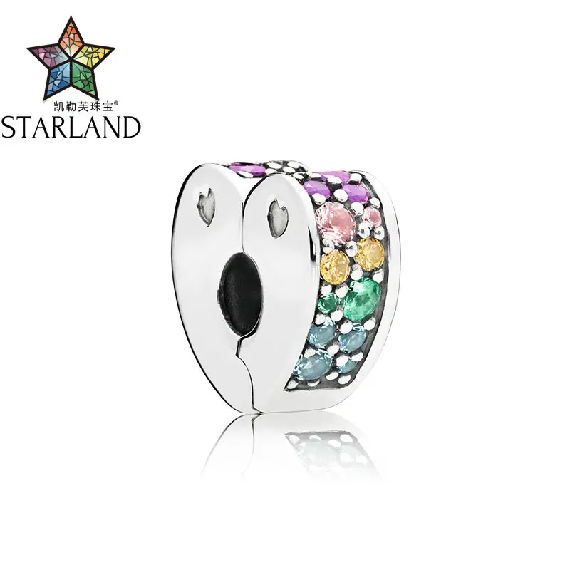 

Starland 2018 New 925 Sterling Silver Rainbow CZ Heart Clip Charm Beads Fit Original Brand Charms Bracelet Making DIY Jewelry