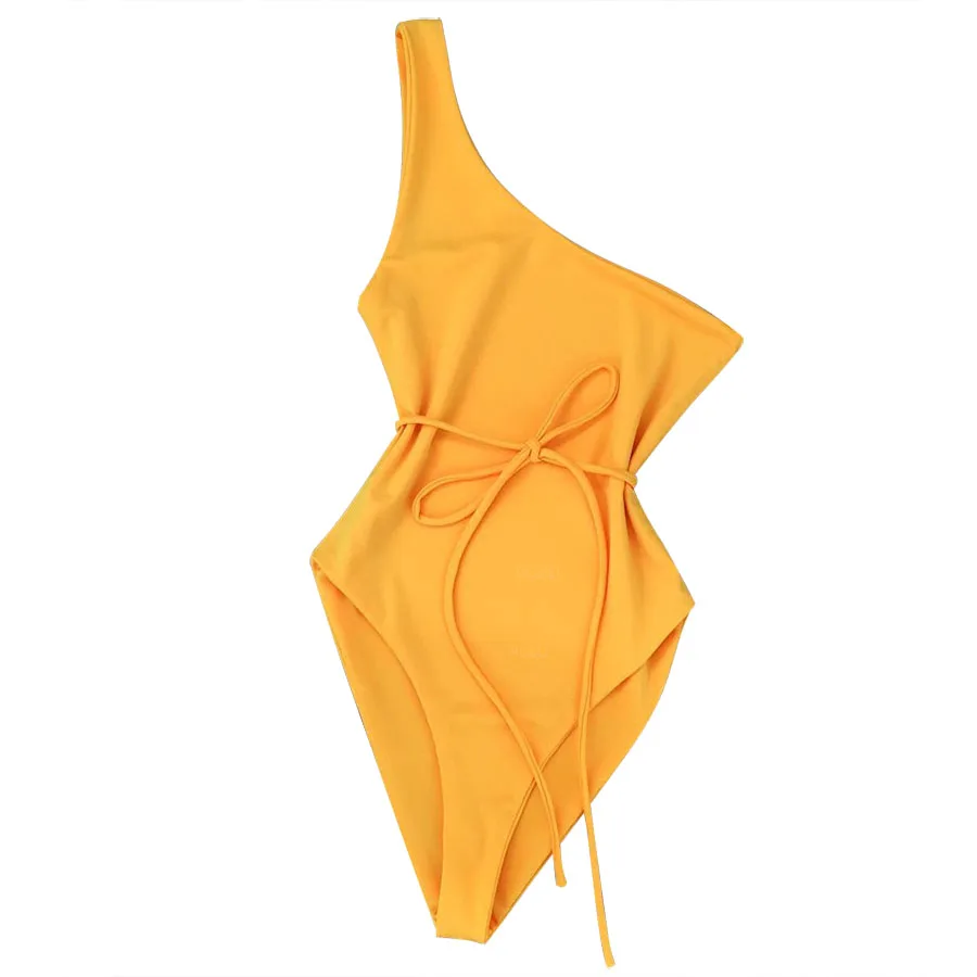 Женский Цельный купальник с поясом Soild купальный костюм Купальники трикини боди для девочек сексуальный купальник на одно плечо - Цвет: 990 yellow