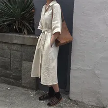Casual Women Belt Lace Up Dress Korea Solid Turn-Down Collar Cotton Linen Dress Flare Sleeve Button Midi Dress Casual Women Belt Lace Up Dress Korea Solid Turn-Down Collar Cotton Linen Dress Flare Sleeve Button Midi Dress