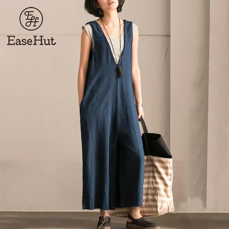 EaseHut Wide Leg Trouser Women Vintage Bib Overalls Sleeveless Strappy Solid Loose Rompers Jumpsuits Pants Plus Size 5XL macacao