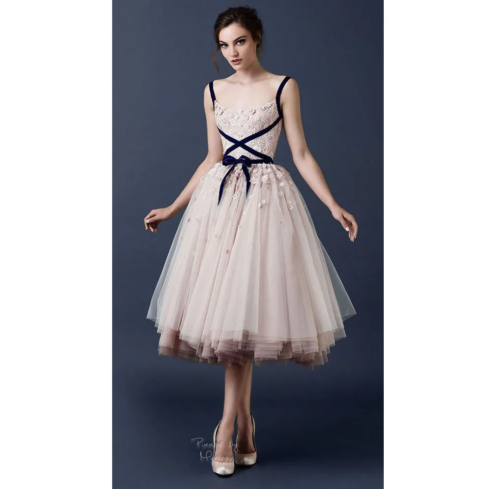 Blush Pink Prom Dresses With Spaghetti Straps Tulle Lace A Line Blush Pink Prom Dresses With Spaghetti Straps Tulle Lace A Line Gowns Tea Length Backless Evening Dress Liqued In From Weddings