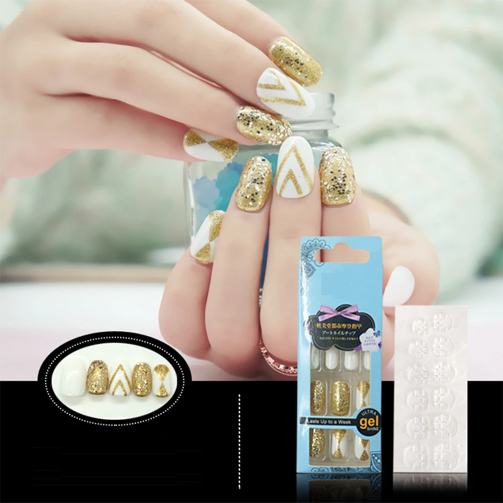 24pcs/Set Gold Silver Sequins Glitter False Nails Short Design Full