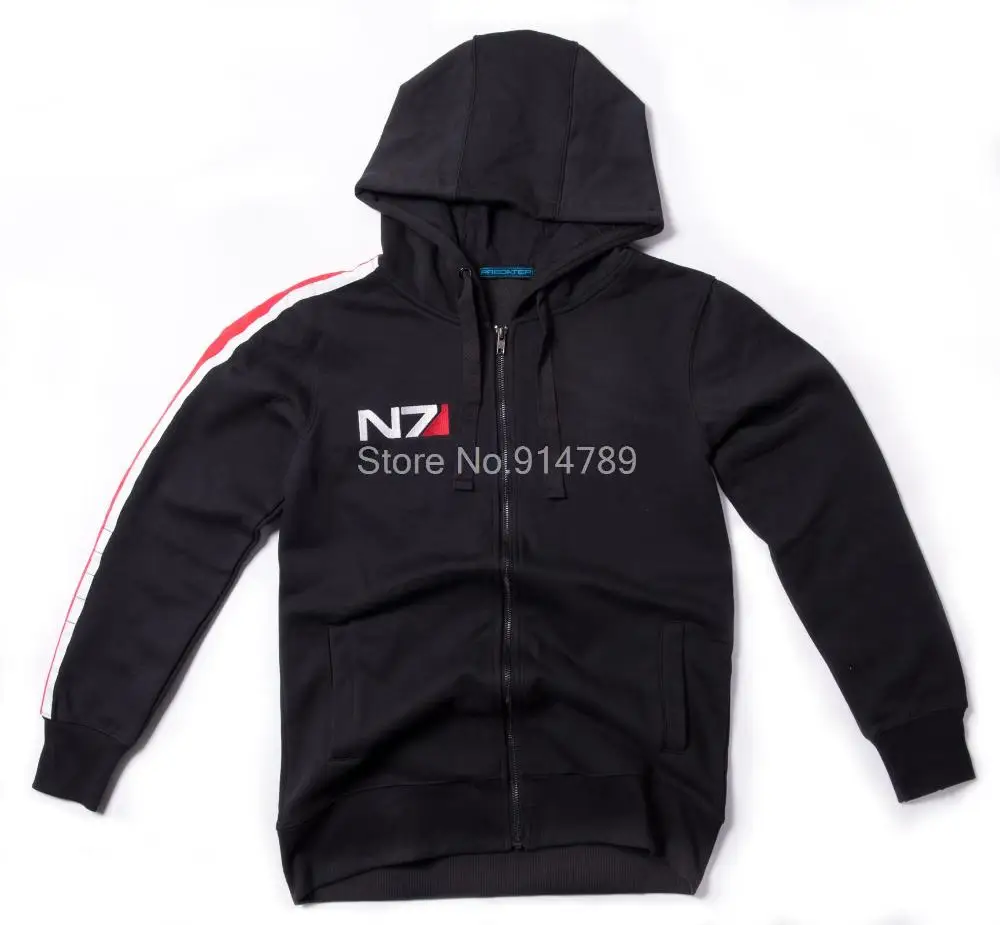 

COSPLAY MASS EFFECT SWEATSHIRT N7 ZIPPER FLEECE LONG HOODIE OUTWEAR BLACK IN SIZES-35746