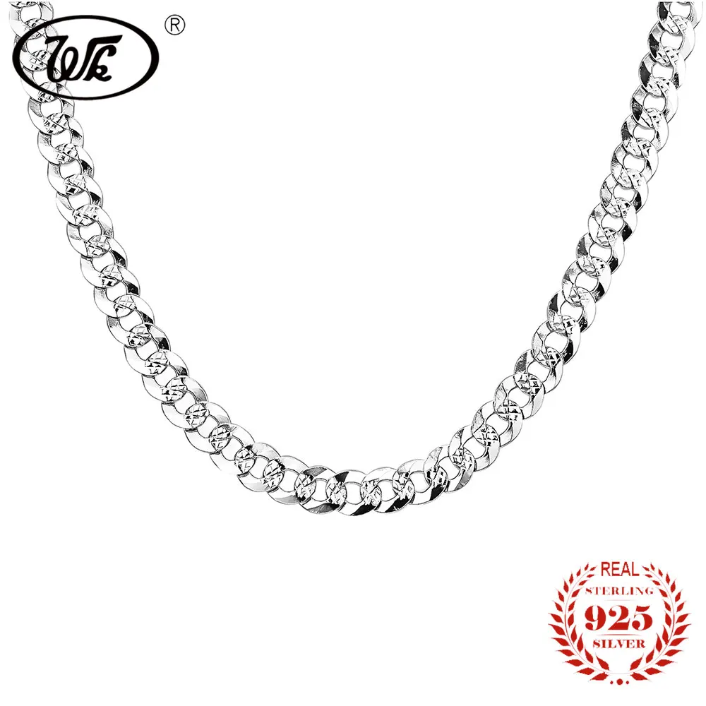 WK Flat 7MM Mens Boys Link Chain Necklace Silver 925 Sterling Vintage
