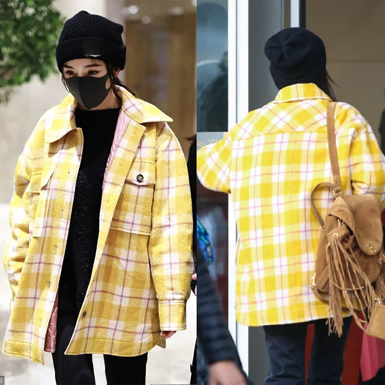 

Yang Star The Same Yellow Plaid Jacket Shirt Woolen Cotton Lapel Coat Loose Medium Long Coat 2019 Plaid Shirt Women Winter Coat