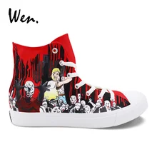 Вэнь картина в красных тонах парусиновые кроссовки мужские плимсоллы дизайн Ходячие мертвецы ручная роспись летние женские туфли шнуровка Лоферы женские на плоской подошве