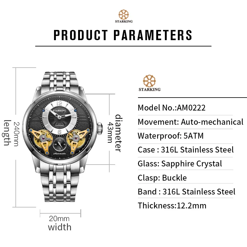 Старкинг Европа Мода автоматические часы двойной Турбийон Скелет часы для мужчин лучший бренд класса люкс нержавеющая сталь наручные часы