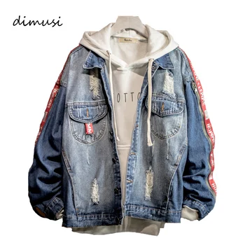

DIMUSI Mens Denim Jacket Trendy Fashion Ripped Denim Jacket Mens Hip Hop Streetwear Jeans Jackets Male Cowboy Coats 3XL,YA736
