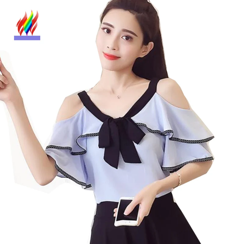 

3 Colors Cute Sweet Tops New 2018 Women Korea Fashion Chiffon Blouse Shirts Pink Blue White Ruffled Open Off Shoulder Shirts Bow