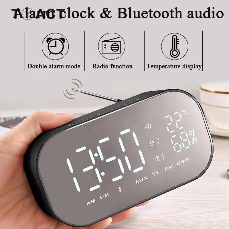 

LED Mirror Digital Alarm Clock Desktop Clocks Wireless Bluetooth Speaker With FM Radio Subwoofer Music Player Snooze HD Display