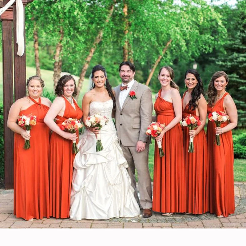 Оранжевое платье подружки невесты многоходовое бесконечное длинное