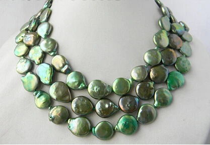 

Free shipping >>@ >812 3Strands 15mm Green Coin Freshwater Pearl Necklace