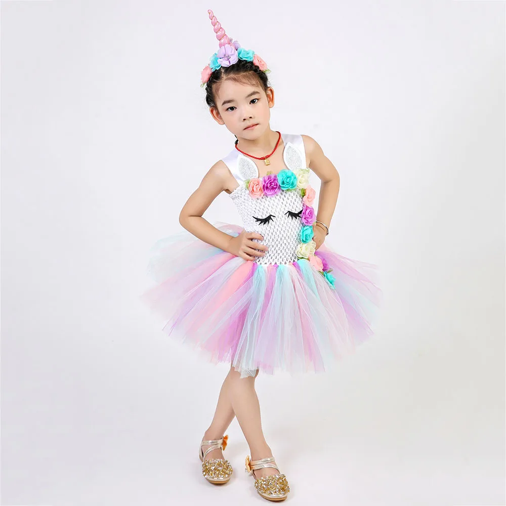 Pastel Clothes Knee Length Flower Children Girls Unicorn Tutu Dress Rainbow Princess Sleeveless Little Kids Pony Dress Vestido 8 (10)